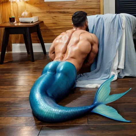  Muscular male bodybuilder with blue muscular mermaid tail. Lying and sleeping on a wood floor. He is oiled ,  wet and oily . Sexy back and ass . black hair, black beard. Its raining