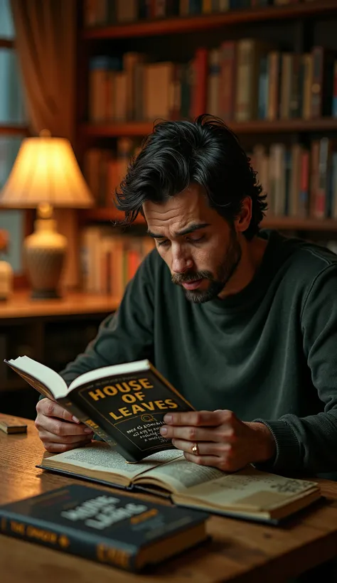 "A cozy, well-lit reading space where a adult person sits at a wooden table, deeply engrossed in a book titled *House of Leaves*. On the table are two more books, with their covers clearly visible. The reader’s expression is a mix of fascination and amazem...