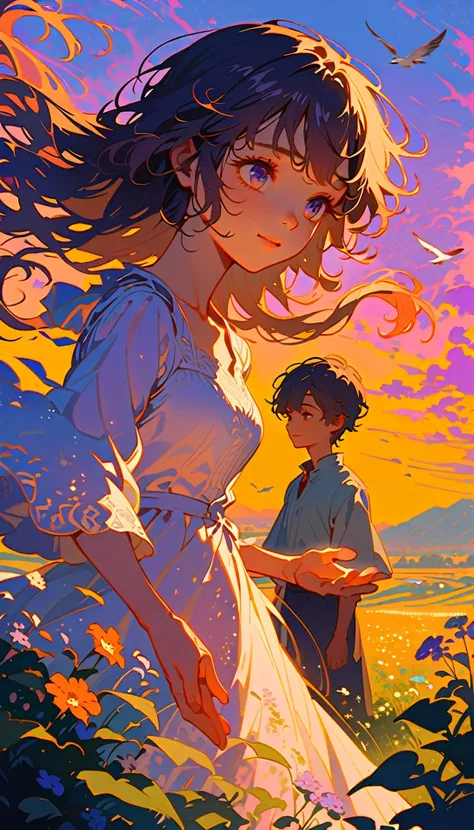 An enchanting anime scene set in a peaceful, sunlit meadow. A boy and a girl stand together, their silhouettes bathed in the golden light of the setting sun. The girl, with long, flowing hair, reaches out to touch the petals of a flower, her eyes filled wi...