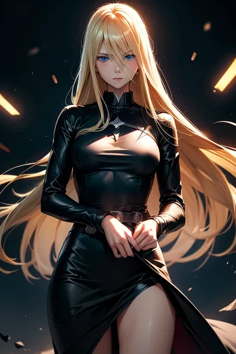  Blonde girl ,  long straight hair,  blue eyes ,  esper , psychic, манга One Punch Man, anime, hero, black clothes, red light,  loose clothes 