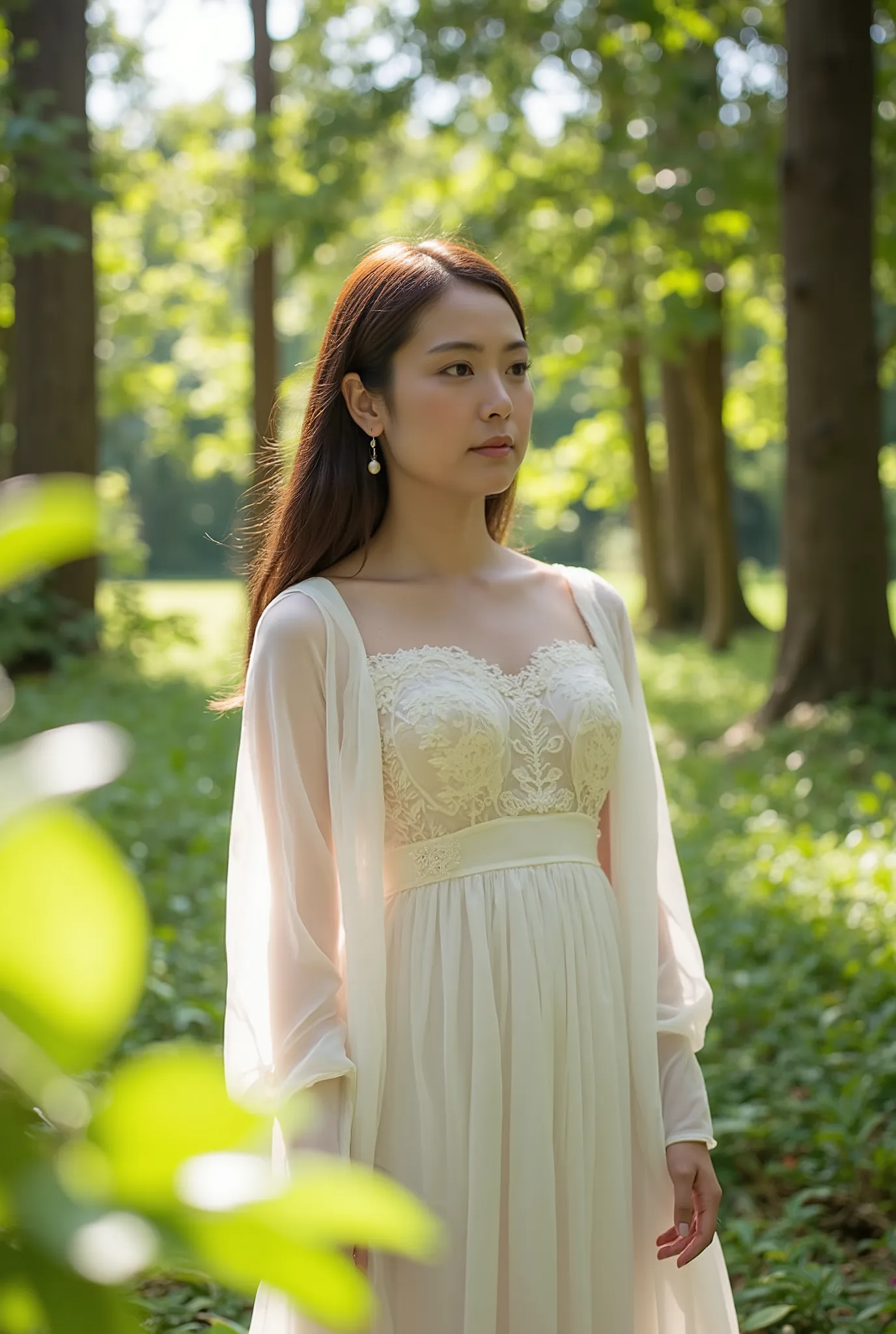 a stylish fashion photoshoot set in a lush green park with dense trees. a asian girl model wears a white long gown with delicate...