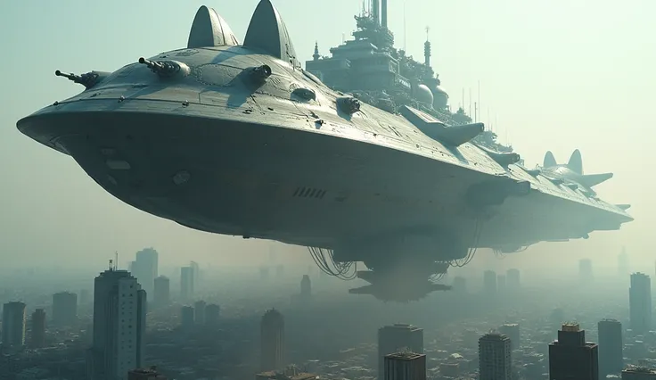 giant cat-headed spaceship suddenly appearing above Ho Chi Minh City, Vietnam, multiple huge gun turrets aiming at the skyscrapers below, cinematic, dramatic, highly detailed, 8K, photorealistic, ray traced, volumetric lighting, stunning colors, epic scale...