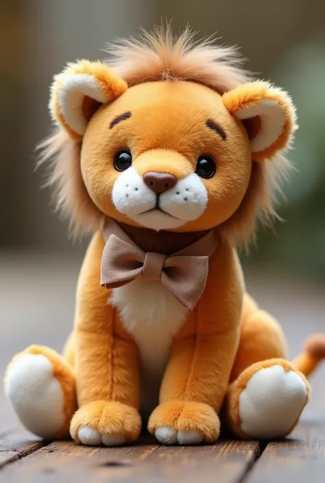  a brown lion stuffed animal ,   ， it has a bow on its neck ，The ears are white ，Very very cute