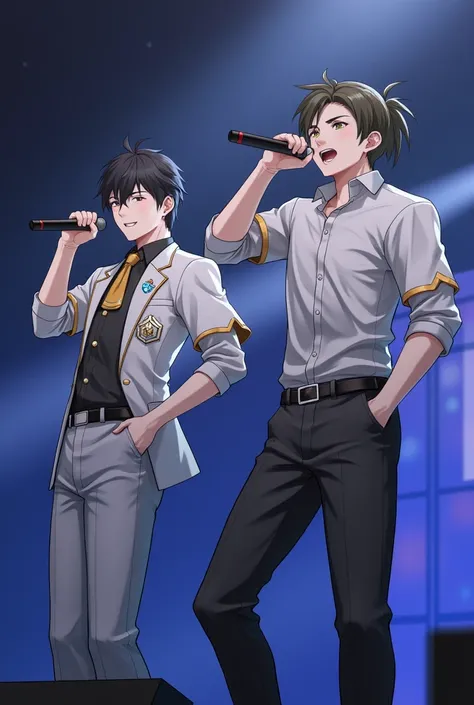 Duo, 2boy, Gaming from Genshin Impact, Xiao from Genshin Impact, Concert, rapping, performance, mics in hand, Genshin impact, accurate, High Resolution, Masterpiece, Award Winning, High Details, High Quality, HD, 