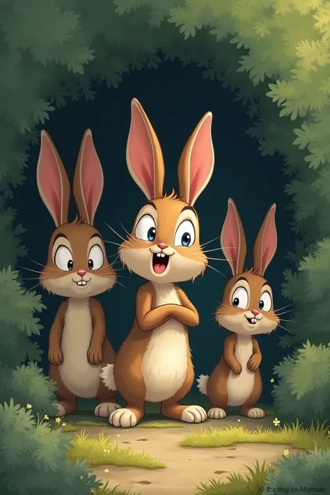 An illustration depicting the dramatic scene where the rabbit family—with big eyes and fluffy bodies—hops out from behind bushes, looking alarmed. Maxie stands firmly in front, trying to assure them with a calm expression, while Lola and Benny look surpris...