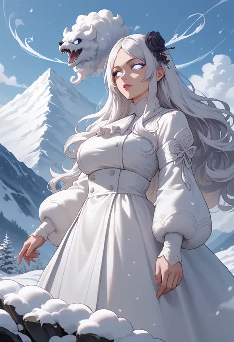 A ghostly Korean woman in a white hanbok, with long white hair flowing wildly and pale, white haunting eyes. She stands on a snowy mountain path under a dark, cloudy sky. Her expression is filled with sorrow and rage, and her translucent form appears to bl...