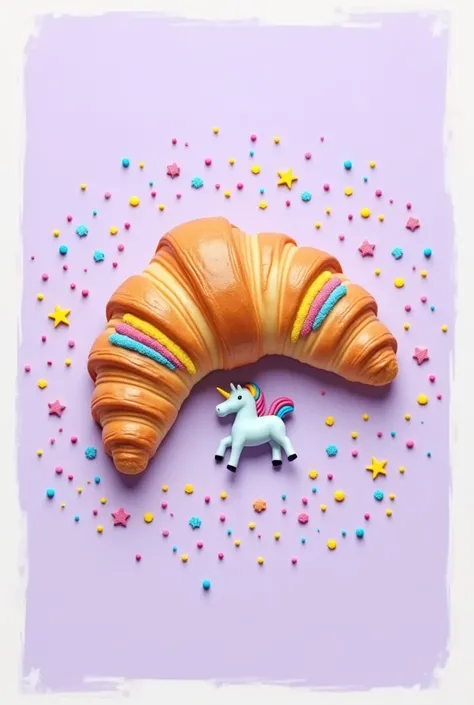 "Design a rainbow-colored croissant with vibrant, glittery layers, positioned centrally on a pastel lavender background. Add colorful sprinkles scattered around the croissant for a festive and whimsical effect. Surround the scene with subtle geometric acce...