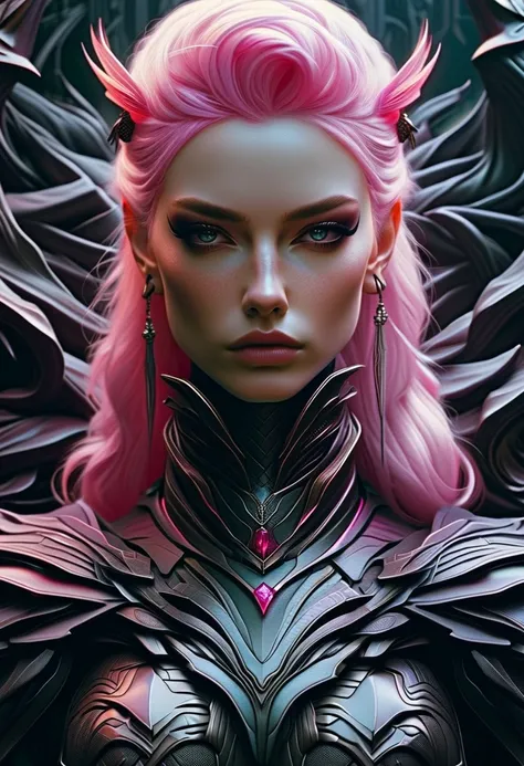 Cyberpunk l close up pink haired female with a black dragon around her neck, portrait, clear sharp focus, featuring a dark and eerie atmosphere hyper realistic, 8K professional photography art, photorealistic masterpiece: by aaron horkey and jeremy mann: i...