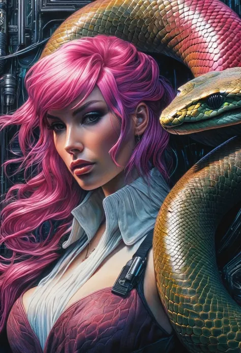 Cyberpunk l close up pink haired female with a white anaconda around her neck, portrait, clear sharp focus, featuring a dark and eerie atmosphere hyper realistic, 8K professional photography art, photorealistic masterpiece: by aaron horkey and jeremy mann:...