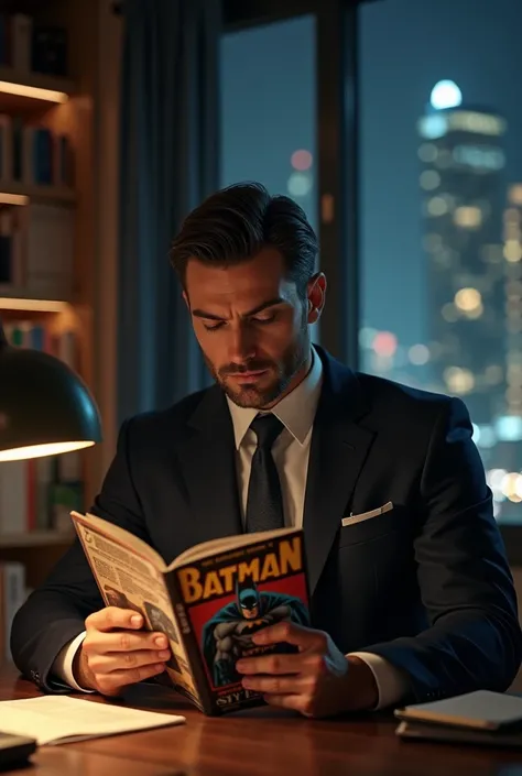 Close-up of a man in a suit, with a serious expression, holding a Batman comic book, his face illuminated by a desk lamp, in a cozy office space with bookshelves and a window showing the city skyline at night, the man reflecting deeply on justice, modern e...