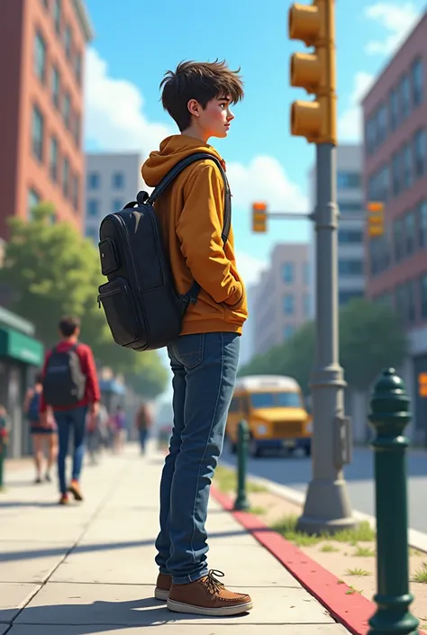 A student is standing with a bag looking for busses 