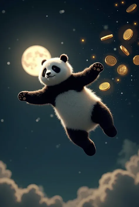 create a picture of a panda flying to the moon and attract coins of CHINAU