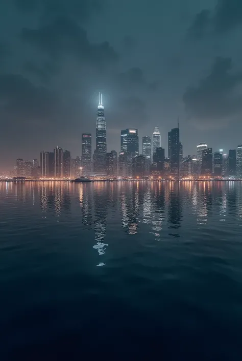 close-up shot of the calm sea surface, horizontal line, a reflection of a stunning cityscape at night, a reflection of buildings illuminated against the night sky, cinematic lighting, dramatic atmosphere, muted color palette, moody, atmospheric, intricate ...