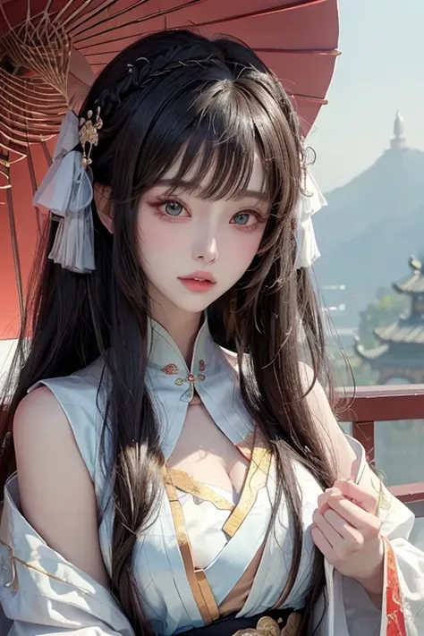 Close-up of a woman,Amazing anime face portrait of her with long hair and wearing a headpiece ,  Chinese style, Traditional Beauty , Inspired by Du Qiong, palace ， A girl wearing Hanfu, Chinese girl, Guvez, Amazing Anime Face Portrait,  Close-up of a long-...