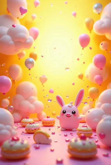 colorful background, celebrate, 3d cute, yellow and pink theme, funny, no character, magic in wonderland, cloud, dreamy, balloon, bubble, candy, dessert