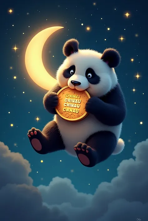 make a picture of a panda flying to the moon biting a coin inscribed CHINAU CHINAU CHINAU