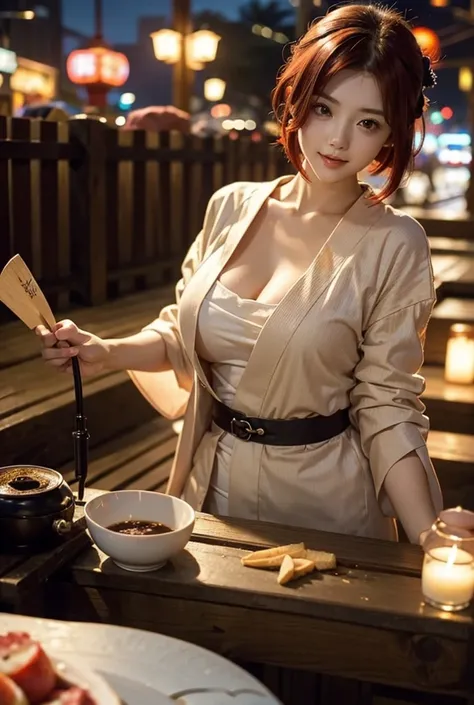 Cute busty girl、Beautiful girl with short red hair、Early 20s、Please create an image of someone wearing a kimono enjoying a nighttime summer festival.