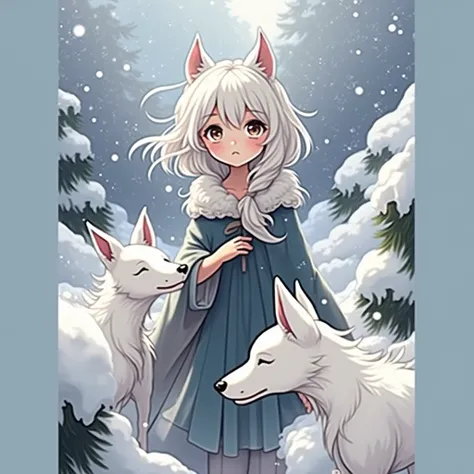 In the snow，Girl with dog ears，White Hair，4-life illustration ，Ski