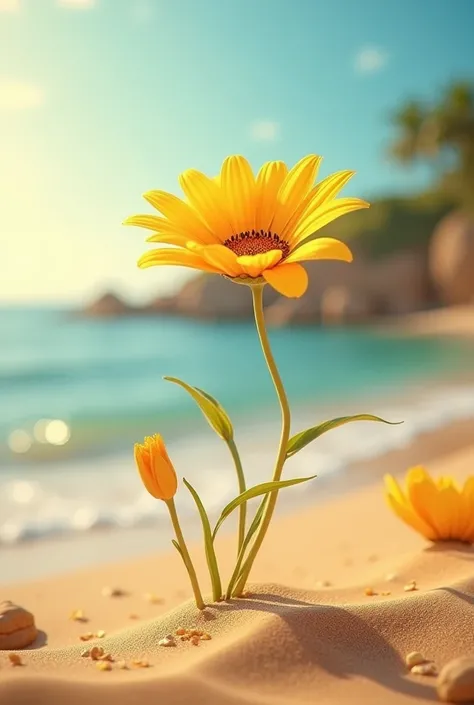 Create a 3D image 
Written November 19 on the image 
 With a flower on a beach 
colour: golden yellow and brown 