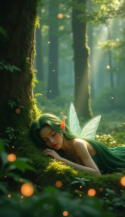 (((the night, Forest elf lying under a tree and sleeping, Fireflies everywhere))) green hair, , Resplandor radial, Flores de helecho white, optical, Panoramic lighting, atmospheric perspective, sunrise, Flat: 5D, light paint, Color, beautiful rostro, clear...