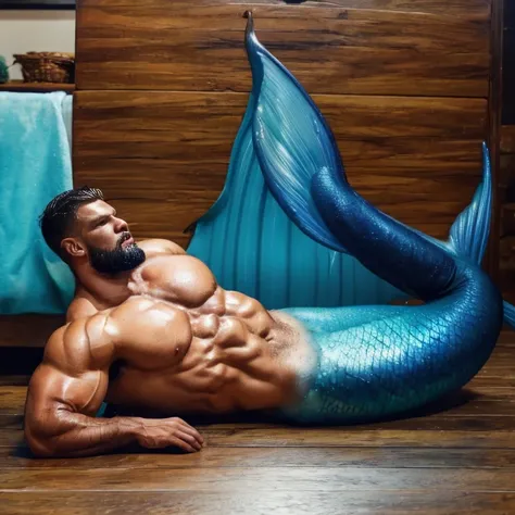  Muscular male bodybuilder with blue muscular mermaid tail. Lying and sleeping on a wood floor. He is oiled ,  wet and oily . Sexy back and ass . black hair, black beard. Its raining