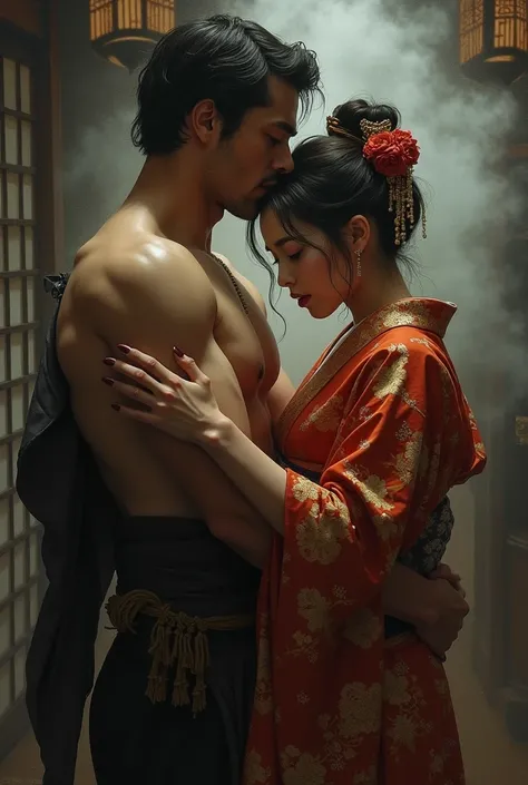  a man hugs a young kimono prostitute from behind、 they are making them smoke narcotics with a smoke tube。This courtesan is drunk with narcotics 、 with a sense of pleasure and euphoria, and 、They are dazed 、My whole body is weak 、Leaning on a man。