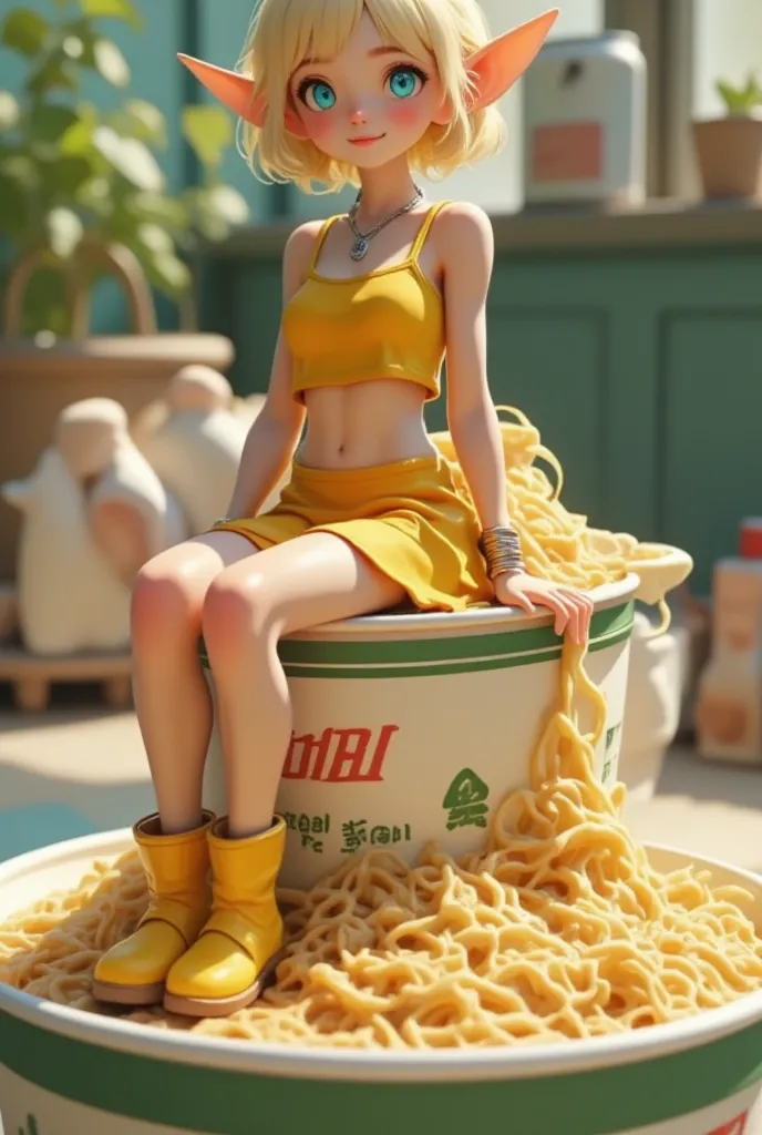 a big cup noodles with the lid closed, a small miniature elf pvc figure sitting on the edge of the lid, blonde pixie cut, azure ...