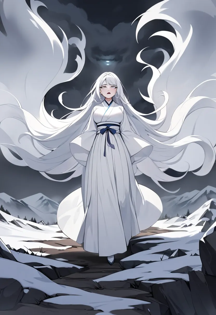 a ghostly korean woman in a white hanbok, with long white hair flowing wildly and pale, white haunting eyes. she stands on a sno...