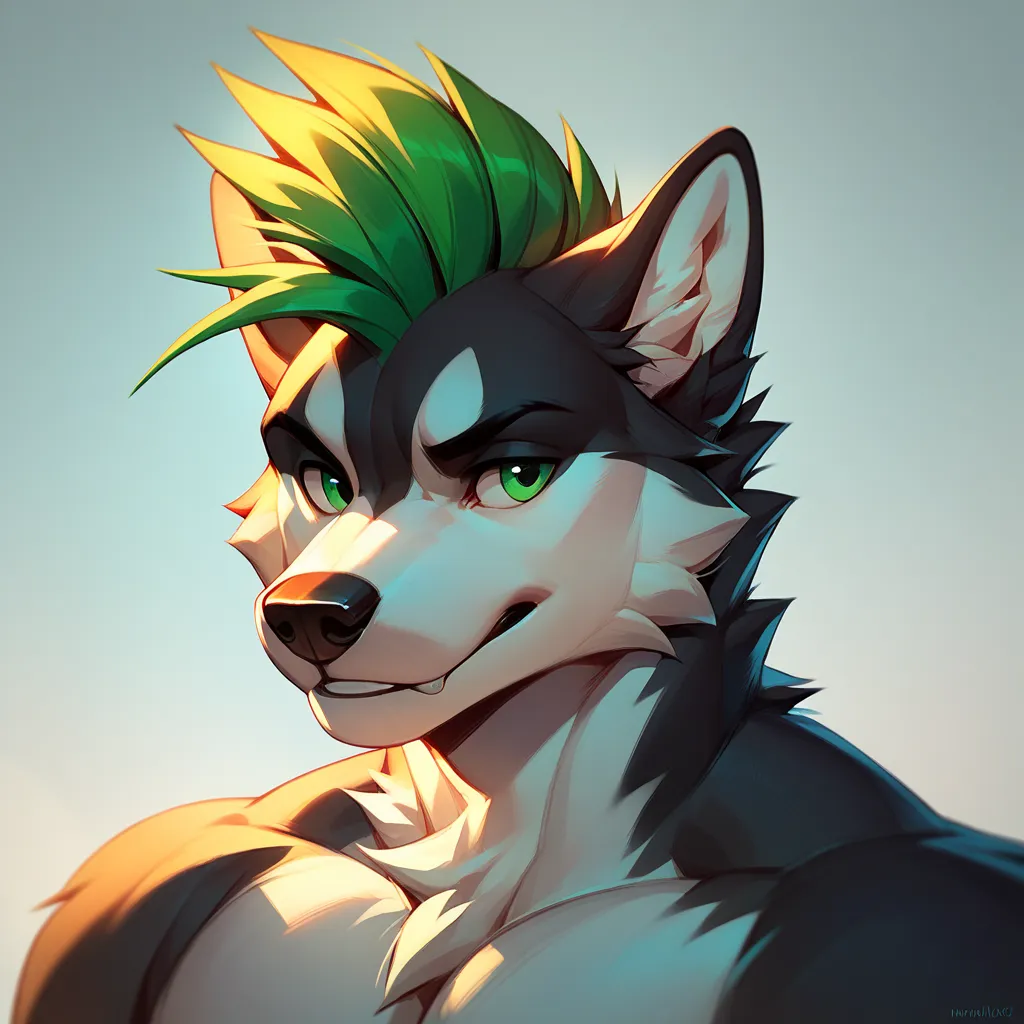 a male wolf husky mix with white fur on his face and black fur framing his face he has green eyes and curly green mohawk