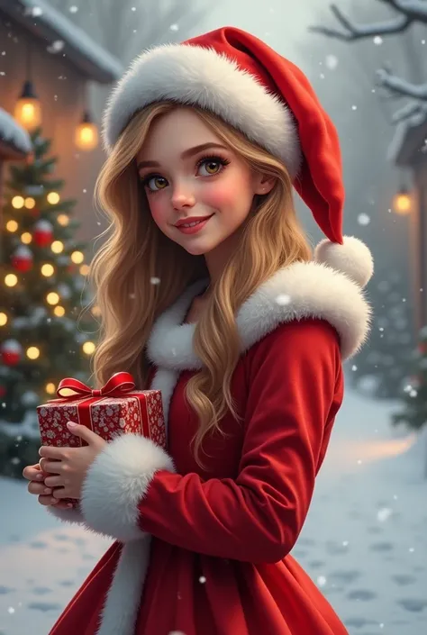 Realistic and cute young woman dressed as Santa Claus. She is dressed in a classic red and white Santa costume with fluffy trim. She has a warm, bright smile, rosy cheeks, and sparkling eyes. Her long, wavy hair flows over her shoulders and she carries a s...