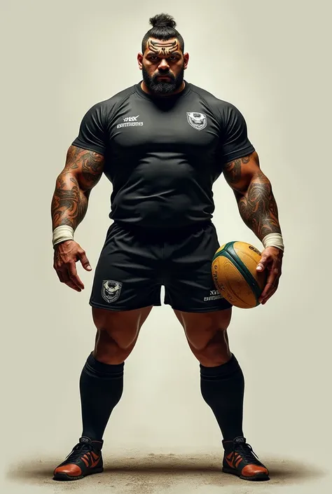 Un joueur de rugby maori tatoué , avec son maillot de match et un ballon dans les mains 