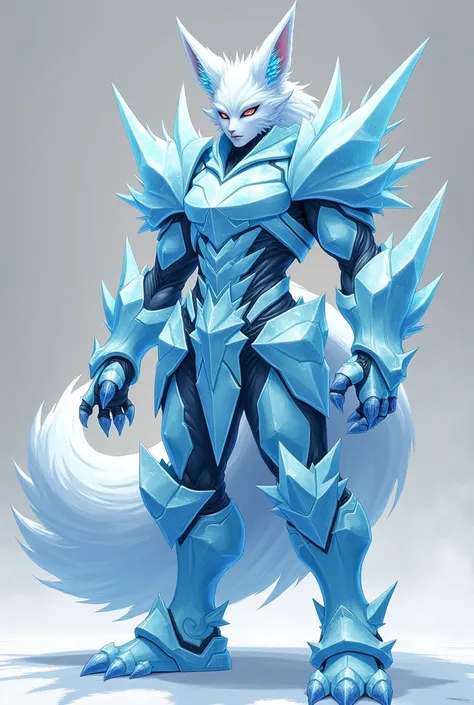 Anime style, full body, a full suit of armor made of ice with clawed hands, pointed fox ears and a white tail