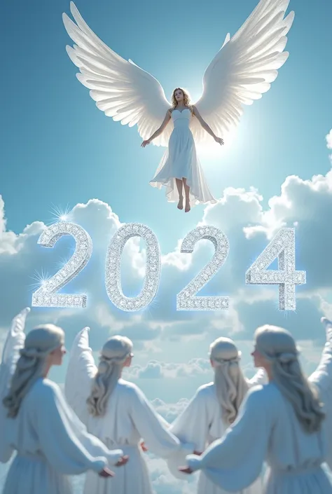 white angels forming the date 18 /11/ 2024 with white diamonds while an angel flies to the sky with a lady in her hands