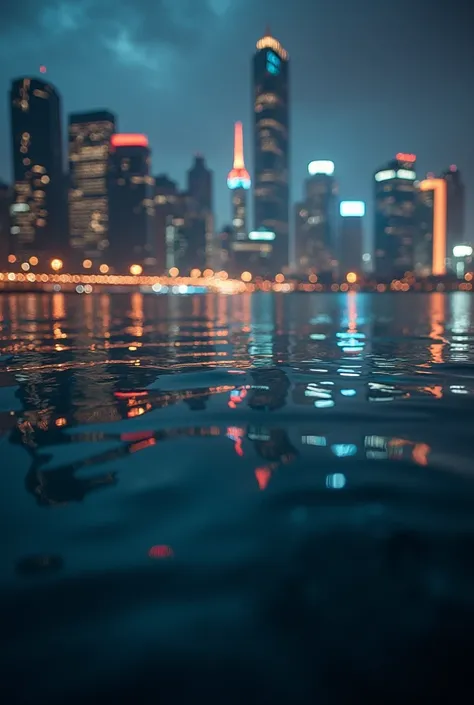 close-up shot of the calm sea surface, a reflection of a stunning cityscape at night, a reflection of buildings illuminated, cinematic lighting, dramatic atmosphere, muted color palette, moody, atmospheric, intricate details, photorealistic, 8k, best quali...