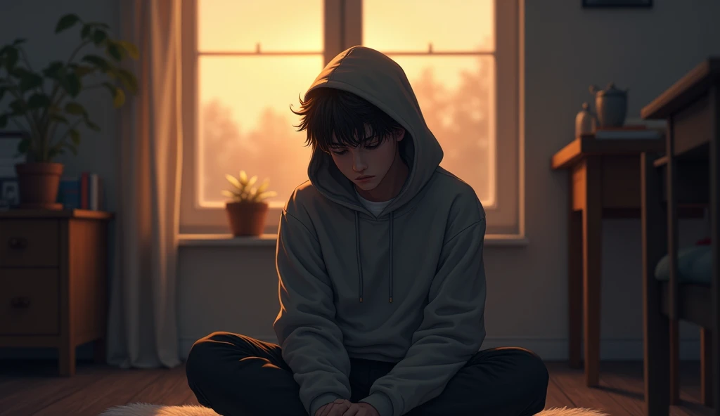 Teenage man wearing hodie sits in room while brooding with afternoon atmosphere alongside dusk 