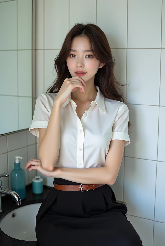 a young Asian woman beauty pose is seated on the edge of a black tiled bathroom sink. buxom chested, unreal maya, unimaginably huge, voluptuous,sexy gaze,strong chest,She is dressed in a short-sleeved white button-down shirt, a black skirt, and a brown bel...