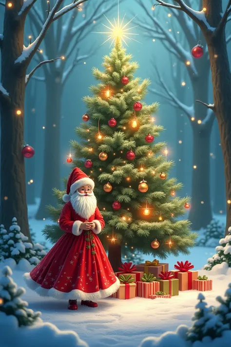 A Christmas tree, with magical decorations, with charming baubles and dreamy lights, with different and colorful gifts and with a little Santa Claus in a beautiful dress, background in a beautiful snowy forest