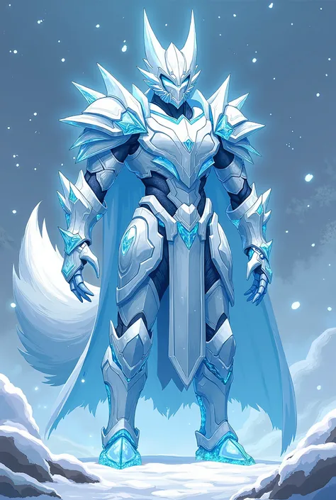 Anime style, full body, a full suit of armor made of ice with clawed hands, a full helmet with pointed fox ears and a white tail