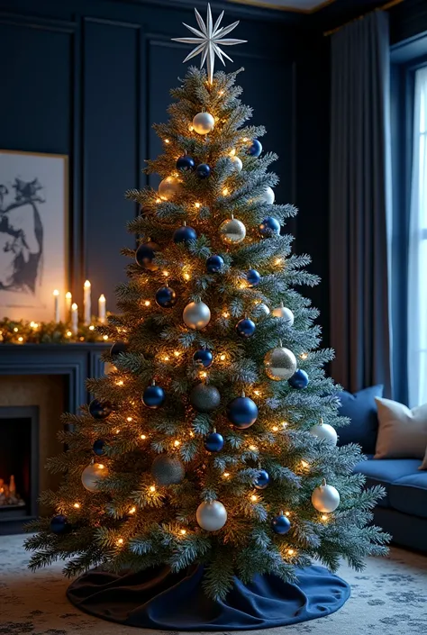 Christmas tree decorated with dark blue ornaments, golden, white 