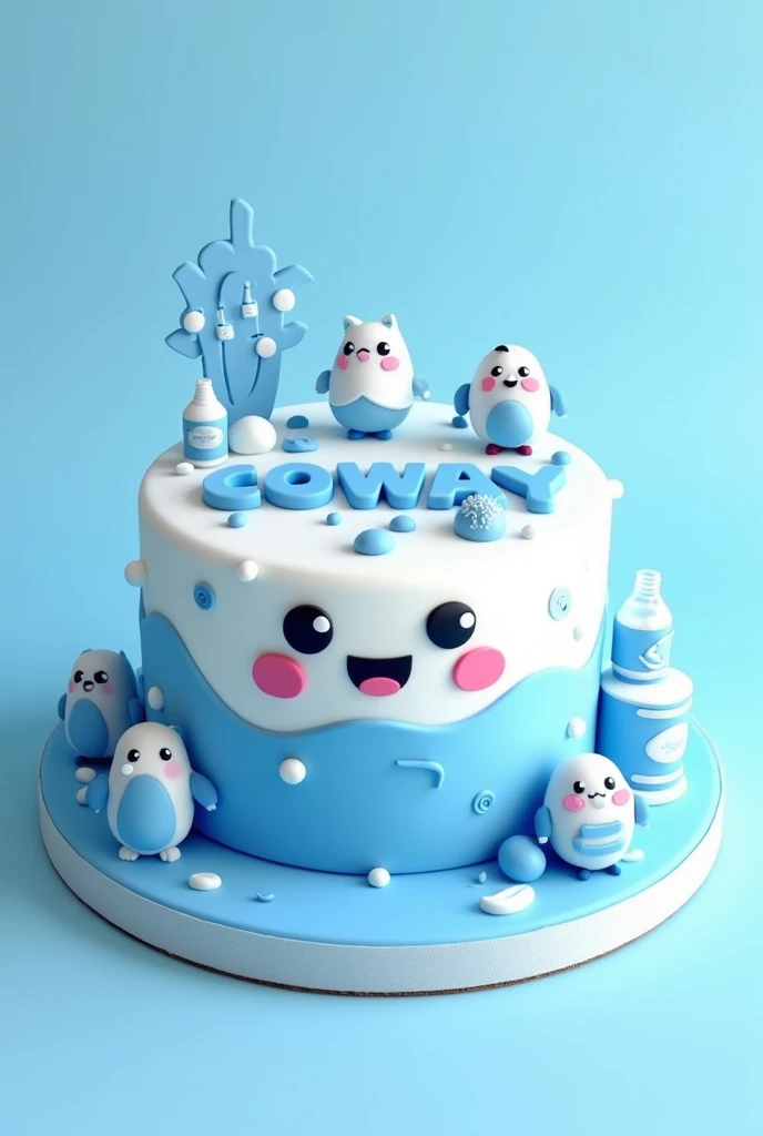 Hi can u create cute cake with cartoon features, blue white theme, very cute round 6 inch cake using coway water filter company as theme. Please use Coway company logo as reference. I dont want 3D shape. I want regular cake shape. You can make figurine to ...