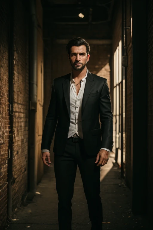 male, Muscular, Brown Skin, Long brown curly hair, {{dark suit pants}}, Black blazer under a white shirt, City Background,   knight , In a dimly lit alley, Realistic, 8k,  Unreal Engine ,  very detailed, Octane rendering,