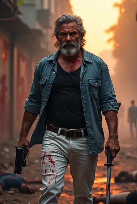 A boy 55 year age,face look sexy,skintone white, Hair Black & white Large,Body Fitness Muscular, with Sword & Gun ,Blooding face,Wearing a jeans Shirt ,Inner Black T-shirt & White Jeans,Background Blood in wall,Deadbodies in Road,Sunset Time,india,Mumbai. 