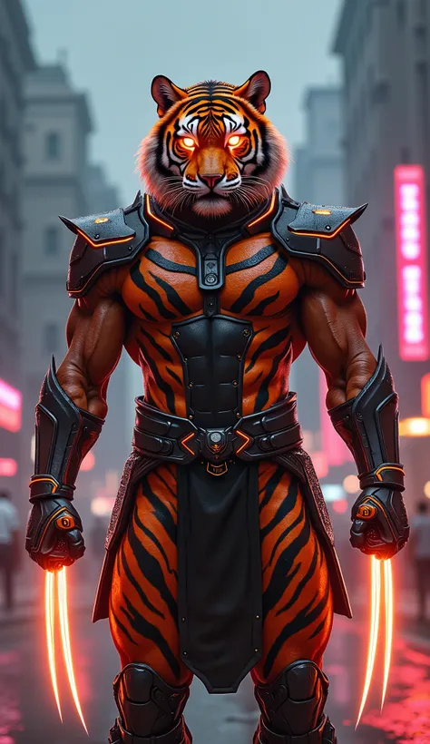 
64k, ultra realistic, ultra detailed, realism, A dangerous killer knight who is ripped hyper muscular man with the fierce head of a Royal Bengal tiger, ultra detailed high resolution wearing tiger-striped futuristic full body armor glowing with orange and...