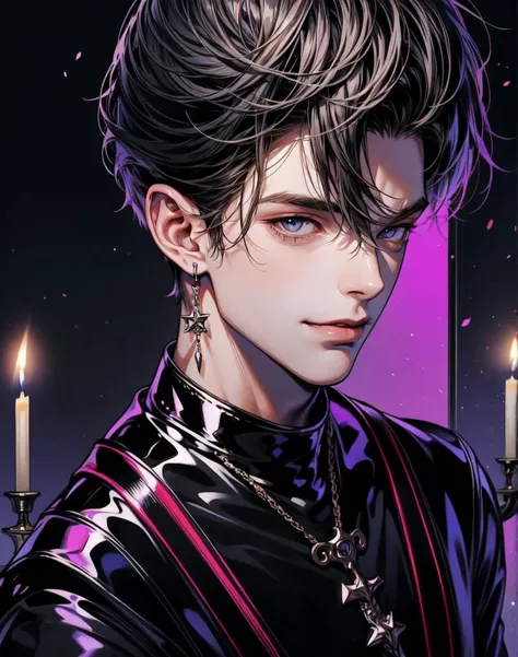 anime handsome boy muscular black latex suit holding a candle, evil smile, luxury bedroom background, dark_skin_handsome looking man, looking at view, full_body, standing pose,