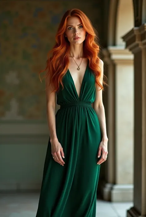 HD, ( the best details ) ( is of the best quality), A redheaded woman with long red hair 、 in a green dress poses for a photo, Mature and gorgeous, Natural light and shadow