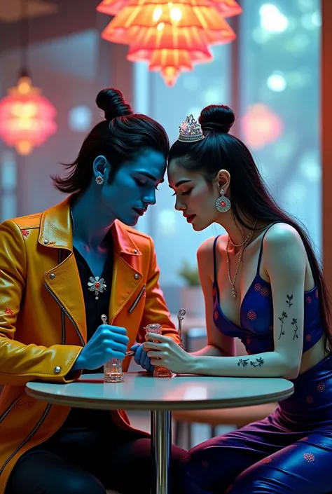 A Neo-Tokyo inspired cyberpunk cafe scene featuring Radha and Krishna in a modern, romantic setting. The divine couple maintains their iconic characteristics while embracing futuristic aesthetics.

Krishna appears with his characteristic azure-blue skin, n...