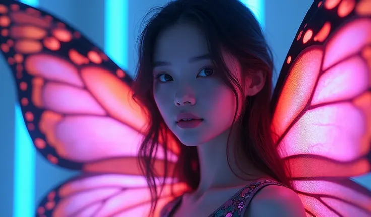 A girl with butterfly wings on her back neon lights 