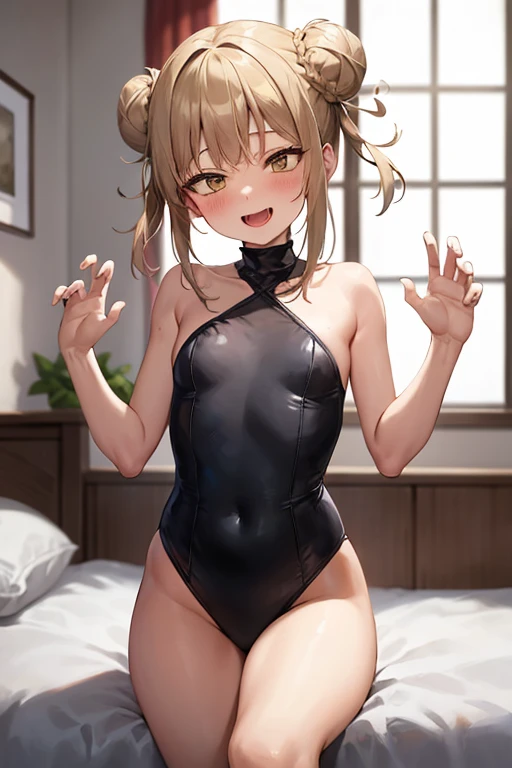 (( best quality)), ((masterpiece)), (be familiar with),  perfect face, indoor, bedroom,  watching viewers ,
One woman, I was,
 characters with open mouth ,  ecstatic expression with hands in front of body, blush, smile,
Small breasts,  flat chested, Young ...