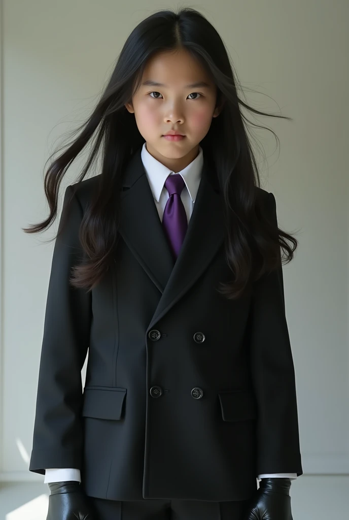 Live action Asian pre Teen boy with Very Long Flowing black hair, a black double-breasted suit over a White dress shirt. a Purple tie that stays tight around his neck. Pointed toe shoes and black Leather gloves. 