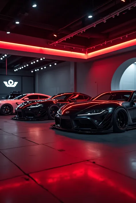 Stance Cars in a dimmed light showroom, red lights accessories